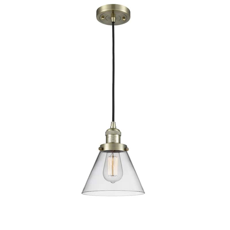 Innovations Lighting Large Cone 8" Wide Mini Pendant - Cord Suspension - Antique Brass / Clear