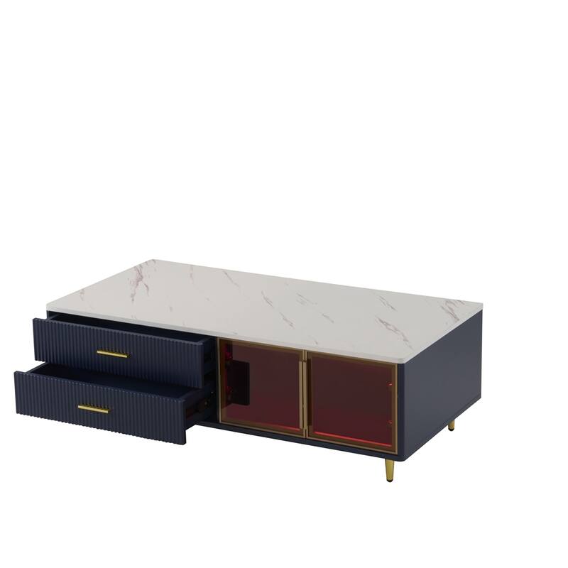 Coffee Table with 2 Glass Door, 4 Drawers and Gold Metal Legs
