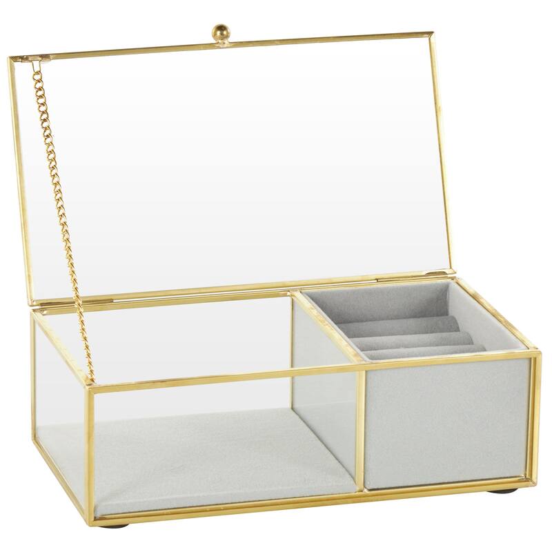 Glass Decorative Jewelry Box with Gold Metal Frame and Gray Fabric Interior with Ring Slots - Clear - Roche River Decor - Clear - 7"W, 3"H