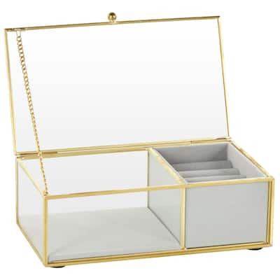 Glass Decorative Jewelry Box with Gold Metal Frame and Gray Fabric Interior with Ring Slots - Clear - Roche River Decor