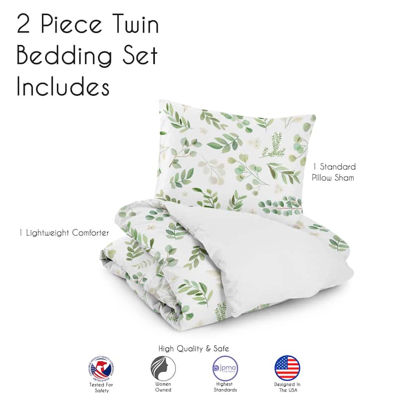 Floral Leaf Collection Girl 2-piece Twin-size Comforter Set - Green and White Boho Watercolor Botanical Woodland Tropical Garden