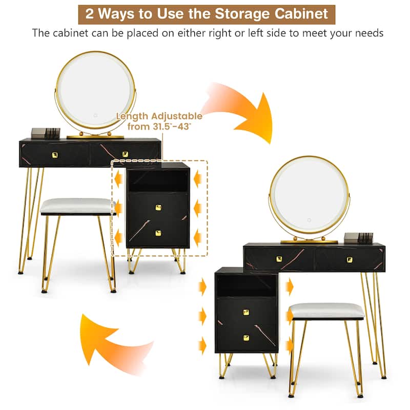 Costway Vanity Table Stool Set Dimmer LED Mirror Large Storage Cabinet - See details