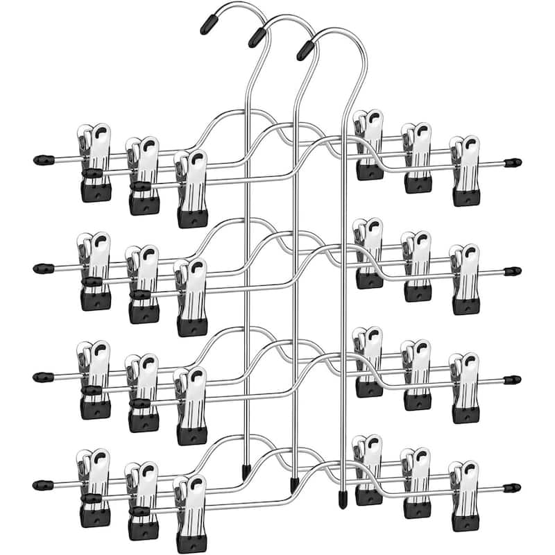 Silver PVC-Coated Iron 4-Tier Skirt and Pants Hanger with Adjustable Clips - 12.6” L x 13.8” H