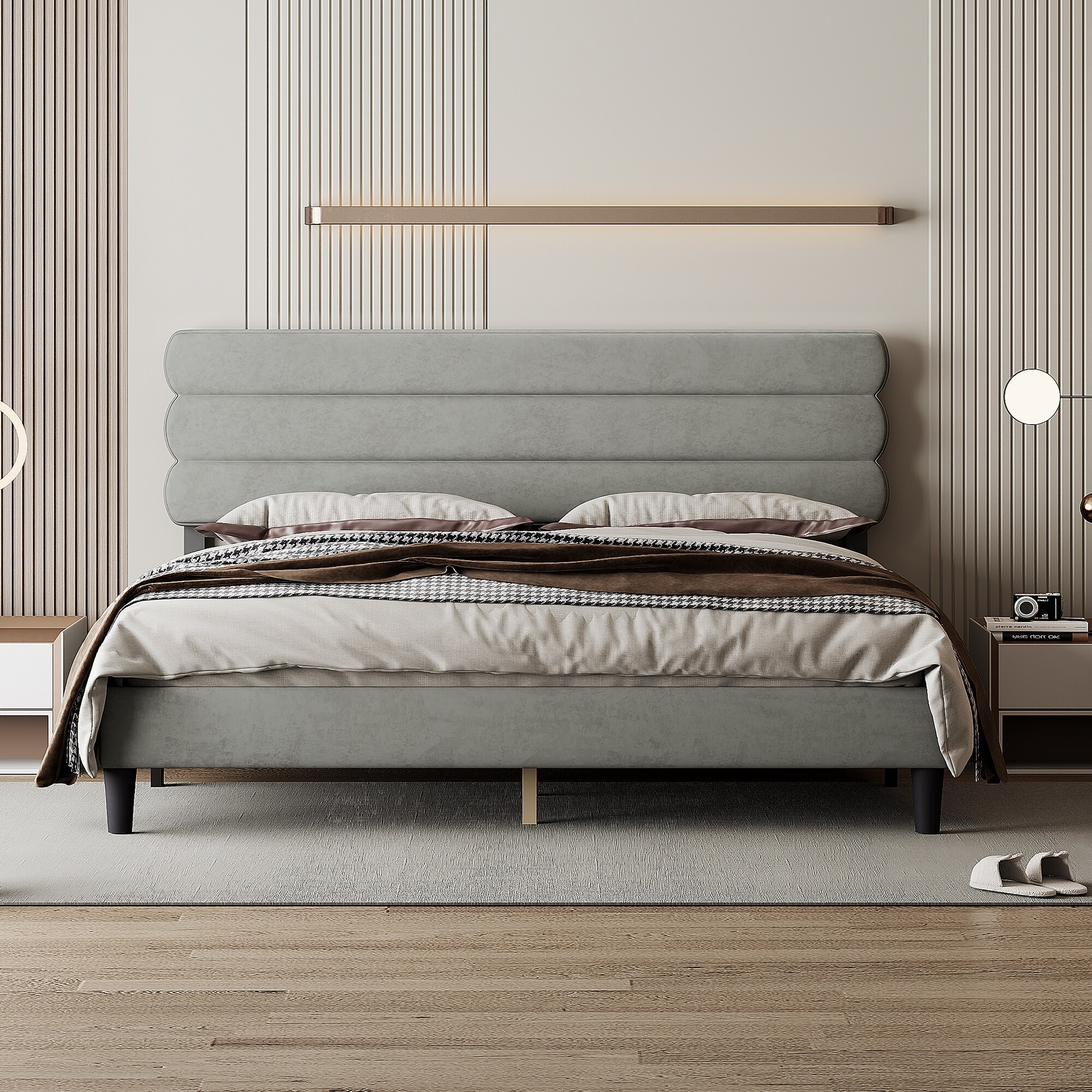 King Size Upholstered Platform Bed Frame for Kids Teens Adults