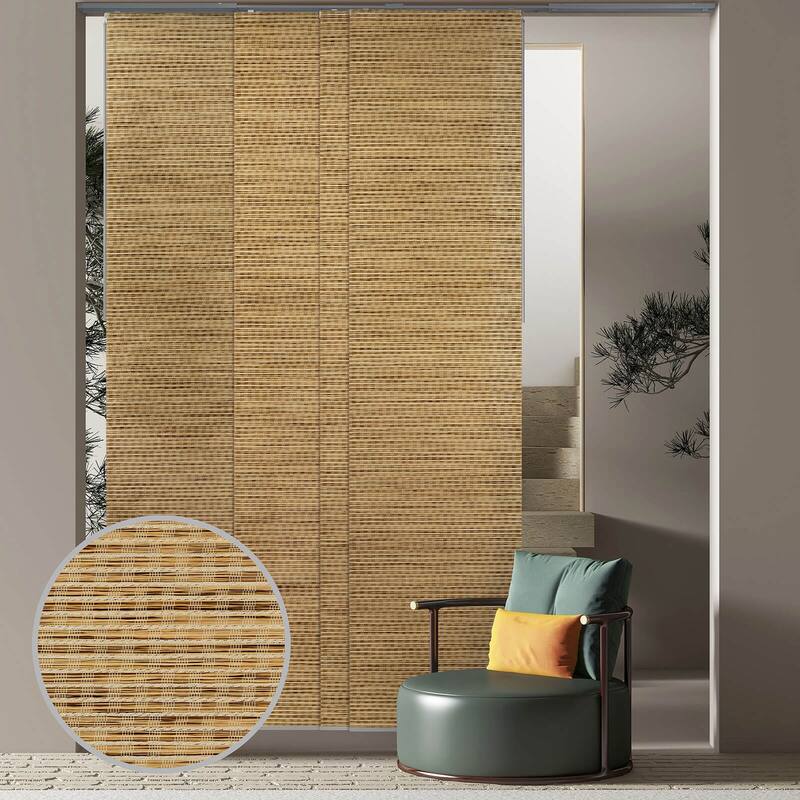 GoDear Design Natural Woven Adjustable Sliding Panel Track Blinds, Vertical Blinds, Earth Tone Color, 45.8"- 86" W x 96" L