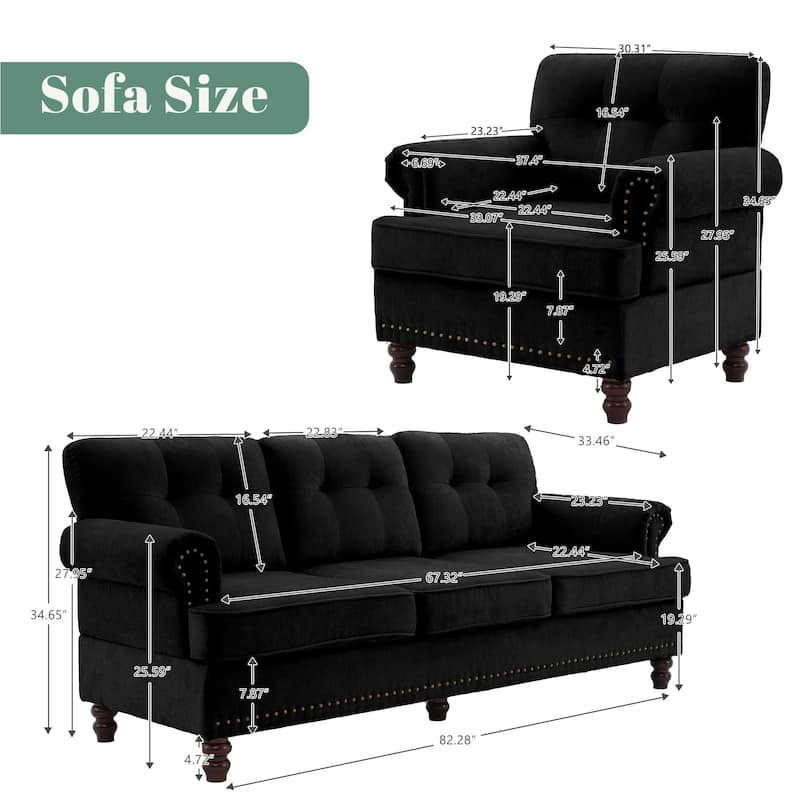 Set of 2 Pieces, A 3-seat Sofa and An Armchair, Chenille Sofa Set for Living Room