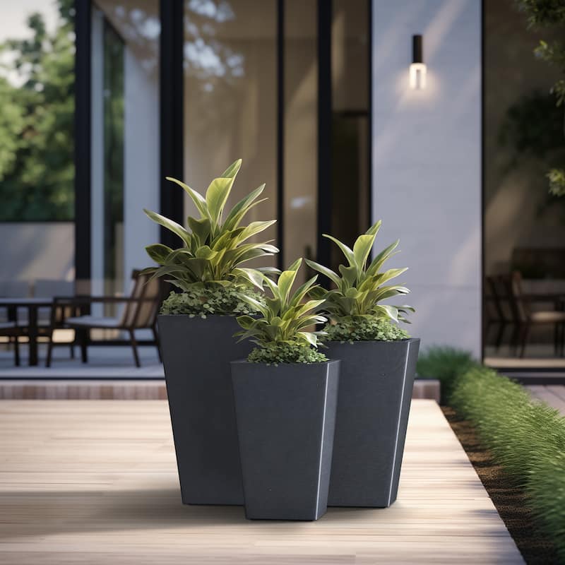 Tall Concrete Rectangle Plant Boxes / Large Indoor and Outdoor Flower Planters - 3 Piece Set (24.5, 18.5, 16 Inch High) - Granite Gray