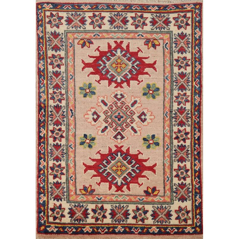 Geometric Kazak Oriental Accent Rug Hand-Knotted Wool Carpet - 2'0"x 3'0"