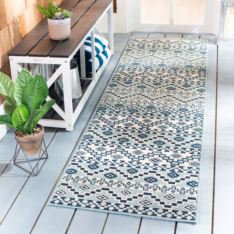 SAFAVIEH Veranda Rudy Indoor/ Outdoor Waterproof Patio Backyard Rug - 2'3" x 8' Runner - Turquoise/Blue