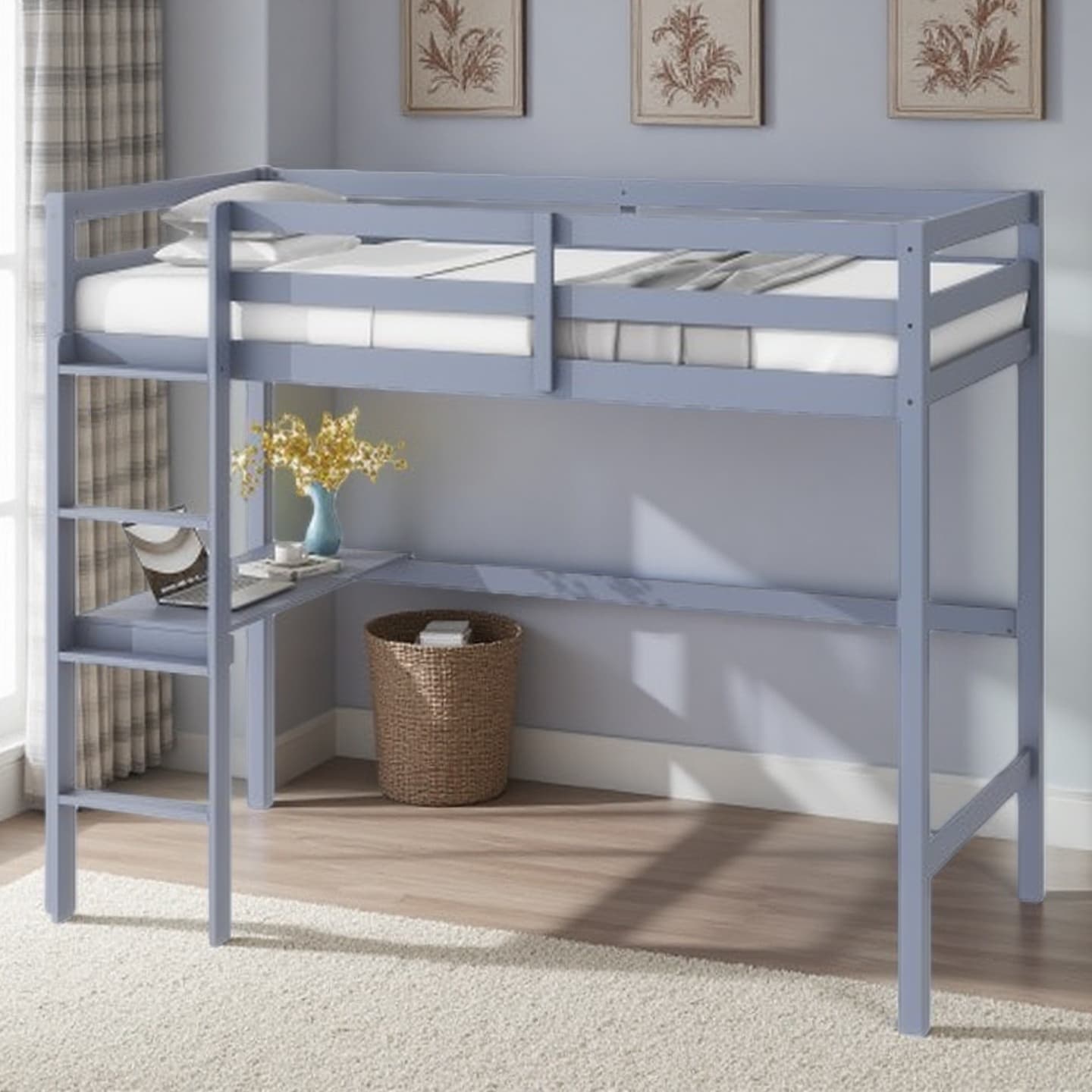 Twin High Loft Bed with Built-in Desk, Safety Guardrails, Ladder, and Rubber Wood Frame