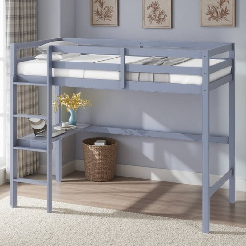 Twin High Loft Bed with Built-in Desk, Safety Guardrails, Ladder, and Rubber Wood Frame - Grey