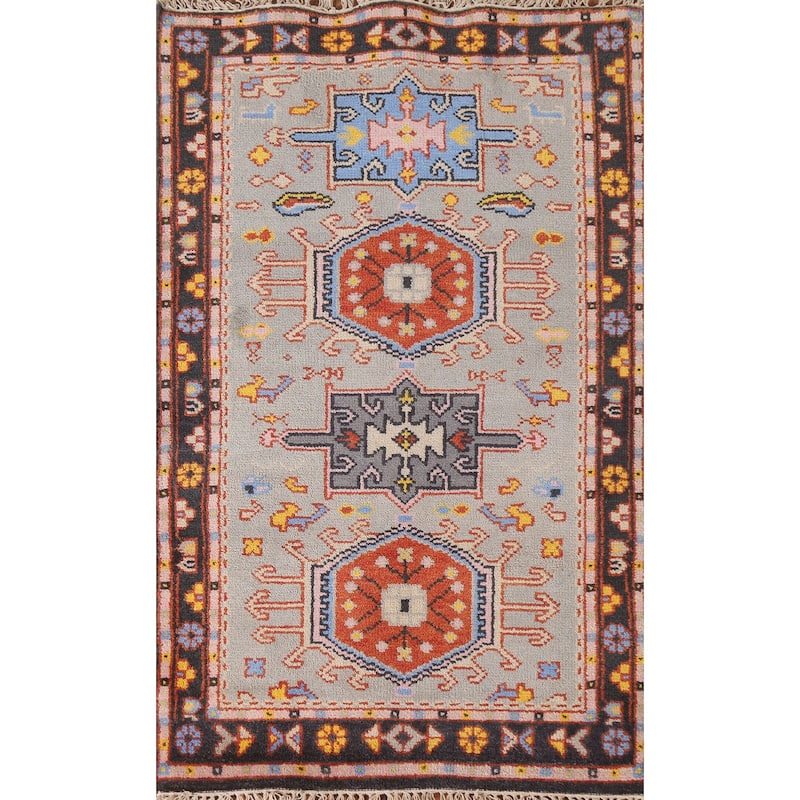 Geometric Grey Kazak Foyer Rug Hand-Knotted Wool Carpet - 3'0"x 5'0"