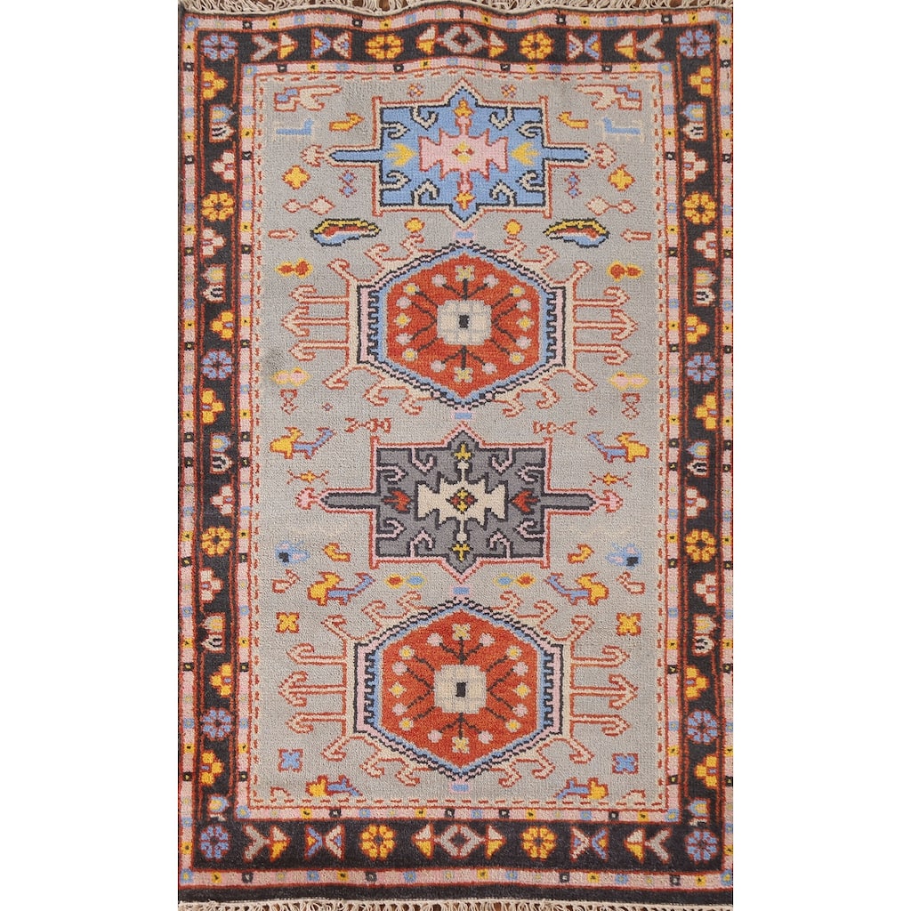 Geometric Grey Kazak Foyer Rug Hand-Knotted Wool Carpet - 3'0"x 5'0"