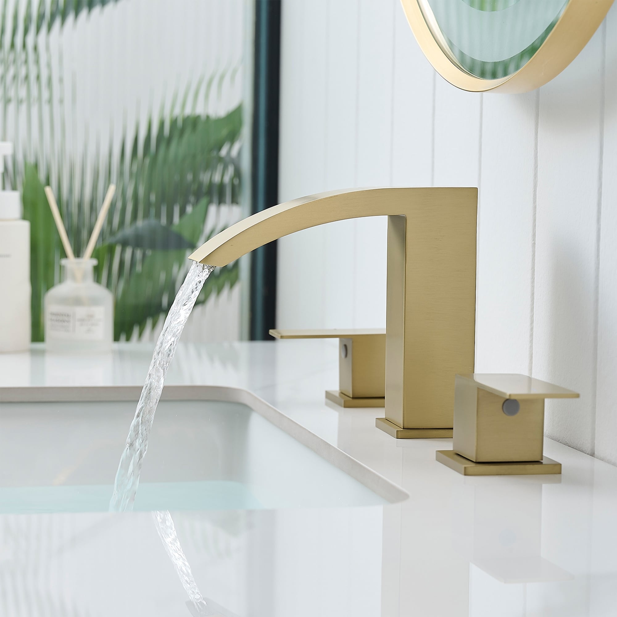 Brushed Gold Dual Handle 3 Holes Waterfall Bathroom Faucet - Brushed Gold