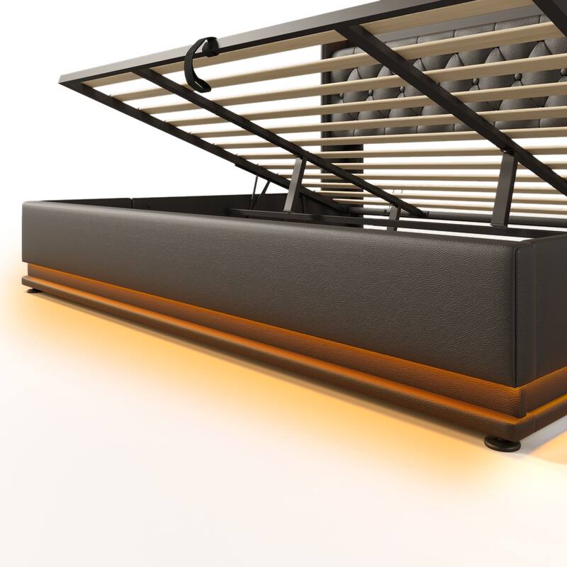 Metal Frame Storage Bed LED PU Upholstered Platform Bed, King