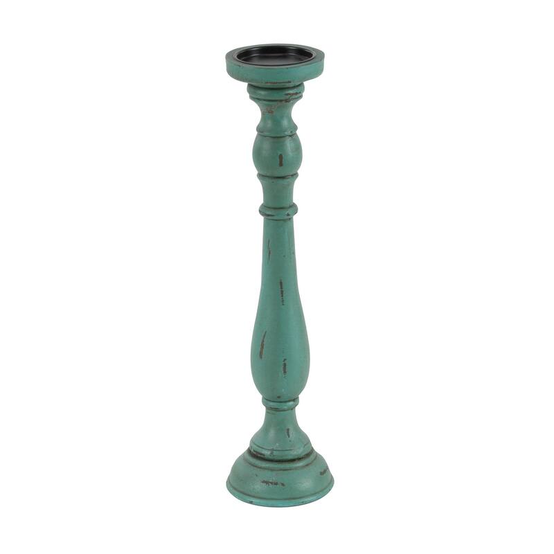 Teal Wooden Distressed Turned Decorative Candle Holder (Set of 3)