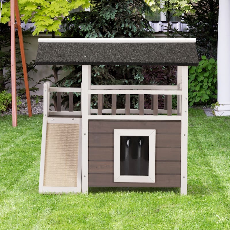 2Tier Outdoor Wooden Dog House with Sisal Scratching Pad Ladder On
