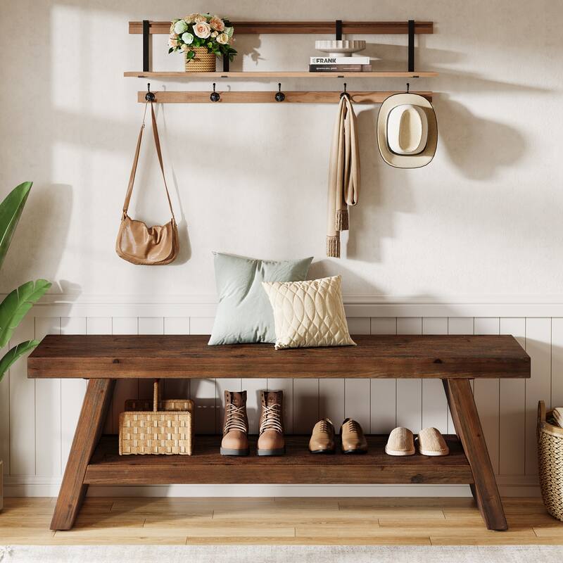 2-Tier Solid Wood Entryway Bench - Vintage Brown