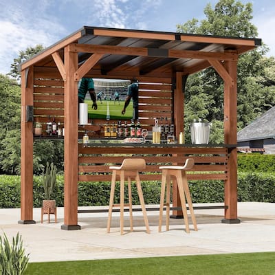 The Aura Cedar Wood Entertainment Bar Center, Wood Gazebo Grill Pavilion with Shelves & Paper Towel Holder