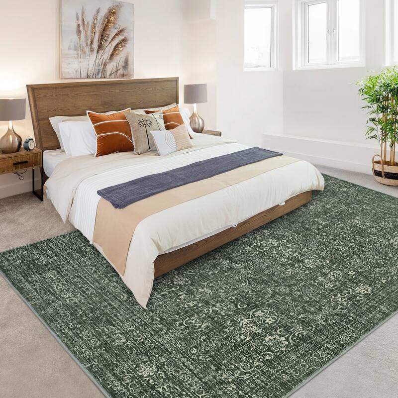 Vintage Area Rug Washable Rug Floral Living Room Rugs Non Slip Low Pile Throw Rugs