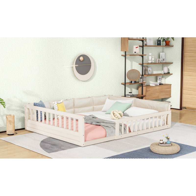 Full Size Upholstered Platform Bed with Guardrail and Pillow, Wood Montessori Floor Bed Daybed for Kids Boys Girls