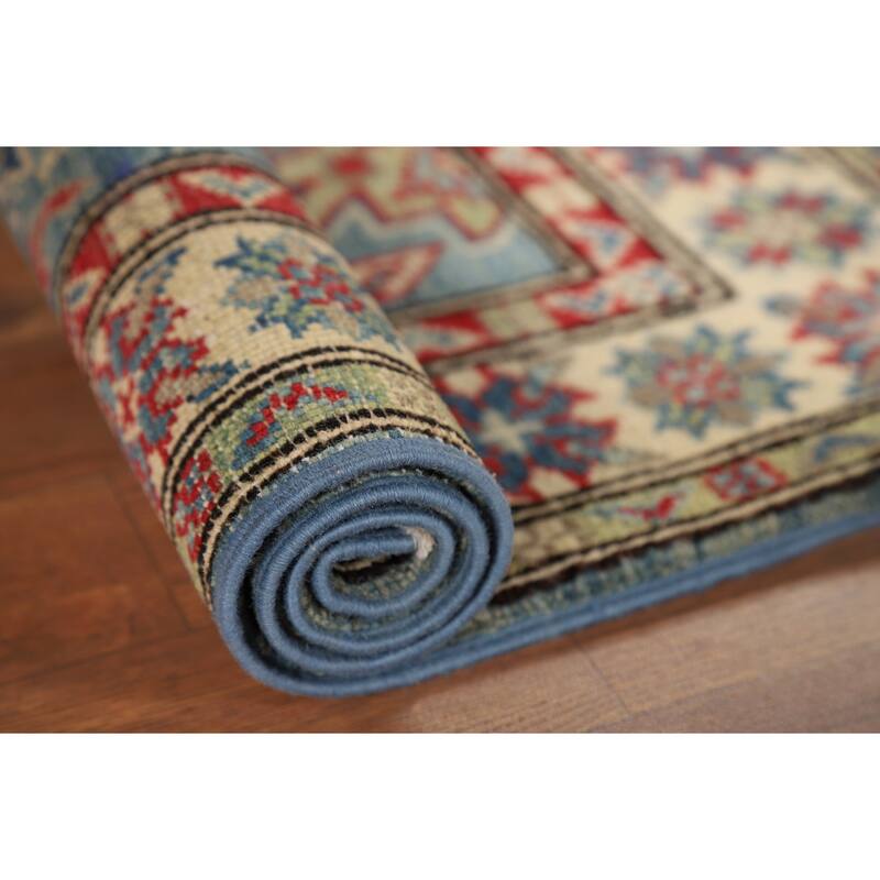 Light Blue Kazak Accent Rug Handmade Geometric Wool Carpet - 2'0" x 3'2"