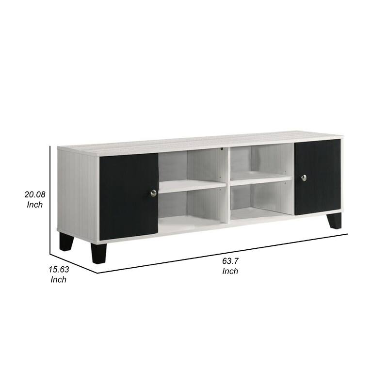 Akin TV Stand Media Center, 2 Doors w 4 Open Shelves, White, Black Wood