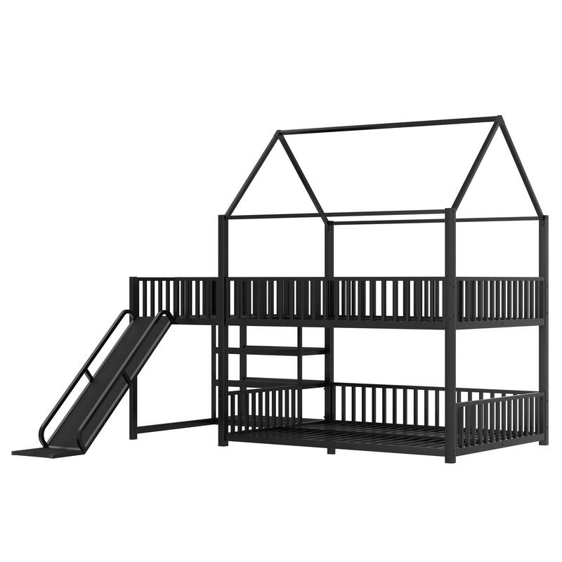 Full Metal House Bunk Bed with Storage Stairs, Slide, Safety Rails, Black