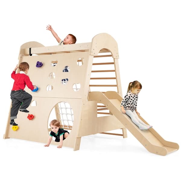 slide 2 of 11, Costway 8-in-1 Indoor Jungle Gym Wooden Playground with Climbing Wall, - Natural - See Details Natural - See Details