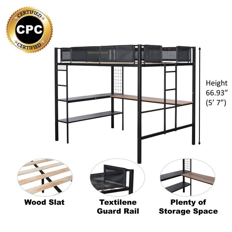 Metal Full Size Loft Bed with Desk & Shelves/Sturdy Metal Bed Frame/ Noise-free Wood Slats/Comfortable Textilene Guardrail
