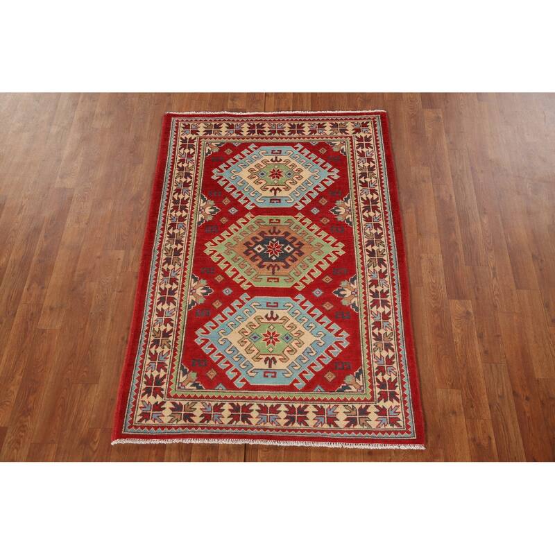 Geometric Red Kazak Rug Hand-Knotted Traditional Bedroom Wool Carpet - 3'4"x 4'10"