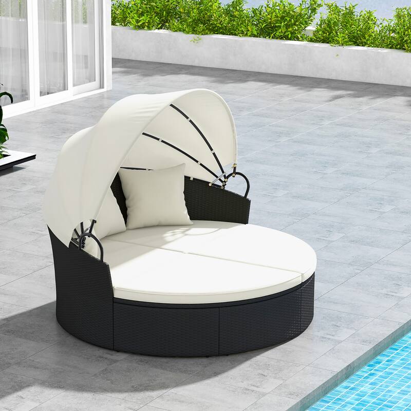 Gymax Patio Round Daybed Wicker Daybed w/ Retractable Canopy Separated - White