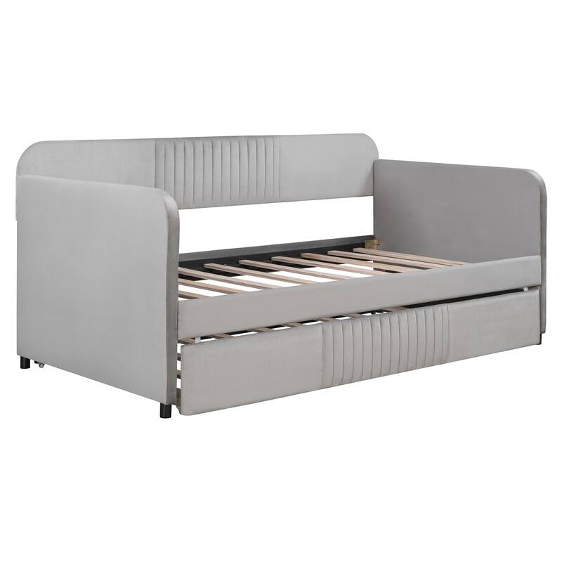 Roomfitters Twin Upholstered Daybed with Pull-Out Trundle, Velvet Sofa Bed Frame, Grey