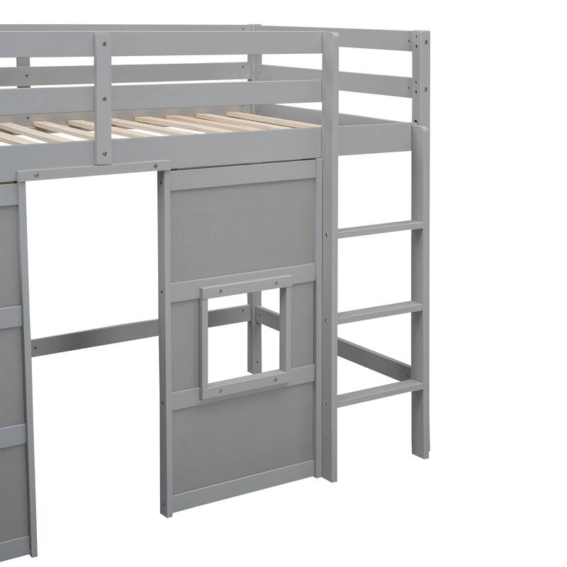 Wood Twin Size Loft Bed with Built-in Storage Wardrobe and 2 Windows w/Full-Length Guardrails, No Boxing Spring Needed