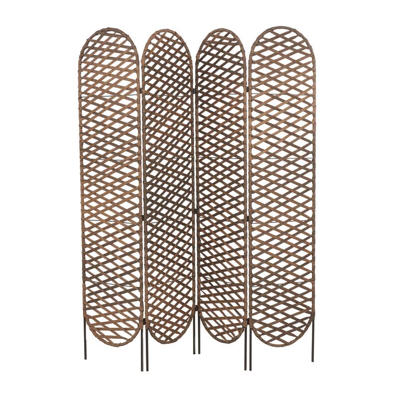 Copper Metal Handmade Foldable Woven 4 Panel Geometric Partition Room Divider Screen with Cutouts