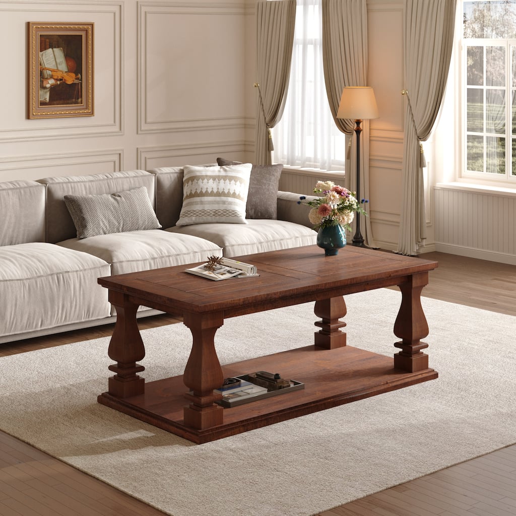Farmhouse Coffee Table, Crafted with Heavy Planked Top & Square Baluster Legs, 47.24"Long Rustic Table with Storage Shelf