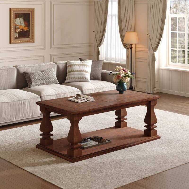 Rossetta Farmhouse Rustic Heavy Planked 2-Tier Coffee Table with Storage Shelf and Sturdy Square Baluster Legs