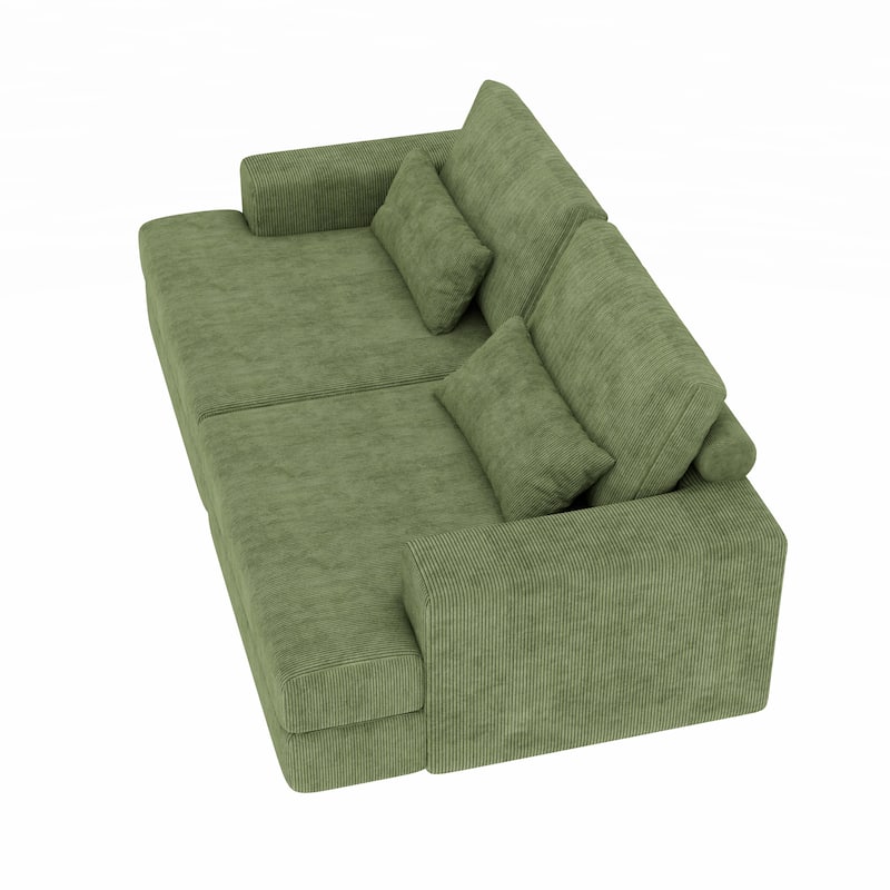 HomeRoots 93" Green Corduroy Modular Stainless Steel Sleeper Sofa With Toss Pillows