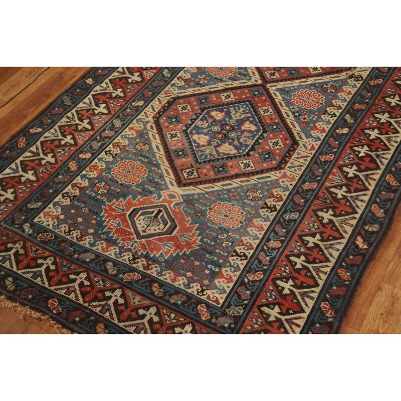 Hand Knotted Oriental 100% Wool Carpet Traditional Tribal Navy Blue & Blues Kazak Area Rug - 8' 6'' X 3' 8''