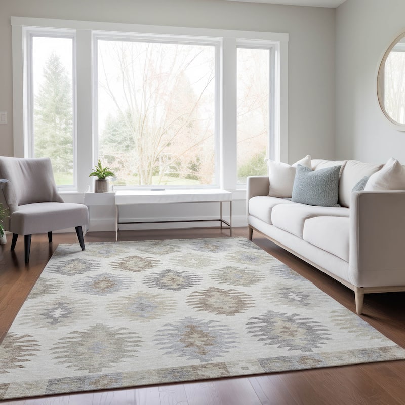 Machine Washable Indoor/ Outdoor Boho Tribal Chantille Rug