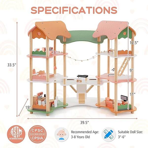 Kids Wooden Dollhouse Aged 3-8 w/ 32PCS Furniture Accessories