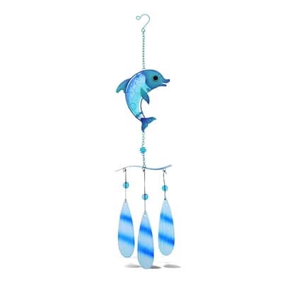 CoTa Global Blue Dolphin Hanging Sea Glass Wind Chime - 27.36 Inch