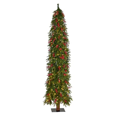 7' Victoria Fir Artificial Christmas Tree with 300 Multi-Color (Multifunction) LED Lights, Berries and 565 Bendable Branches