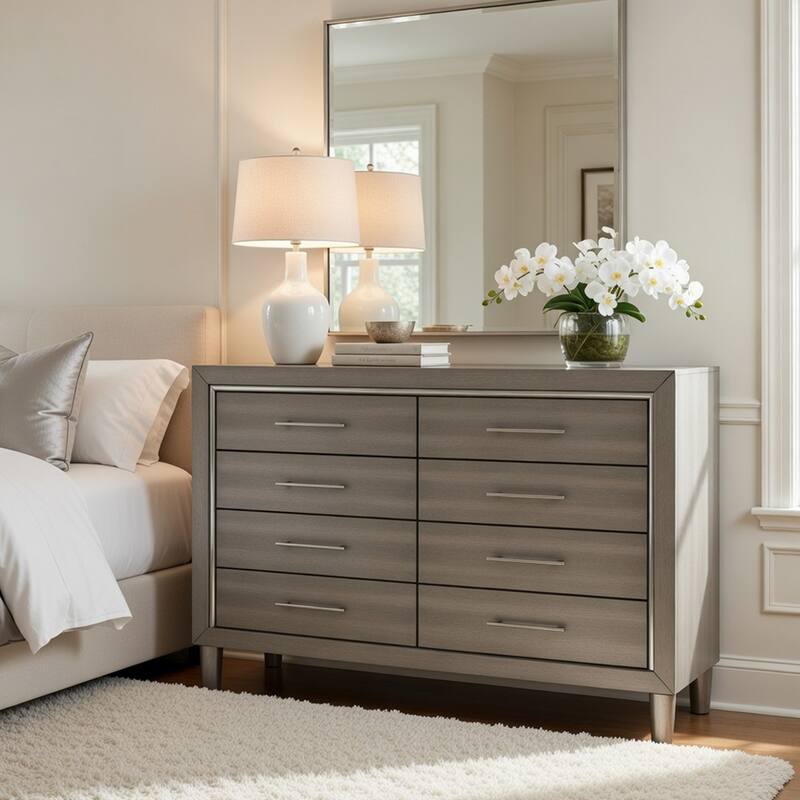 ash grey dresser Levy 64 Inch Wide Dresser, 8 Drawers, Silver Trim, Ash Gray Laminate Wood