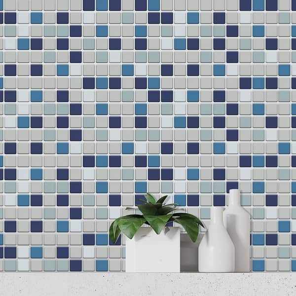 Staggered Blue And Gray 12 In. X 12 In. Peel And Stick Decorative Tile Self-Adhesive Wall Tile Backsplash (10-Tiles