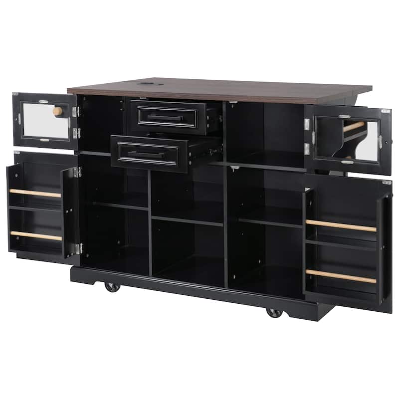 54.9"Kitchen Island with Drop Leaf, 4 Door Shelves, Cross Barn Doors & Visual Glass Door, Rolling Kitchen Island on 4 Wheels
