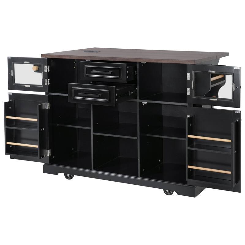 Kitchen Island with Drop Leaf, Power Outlet and 4 Door Shelves