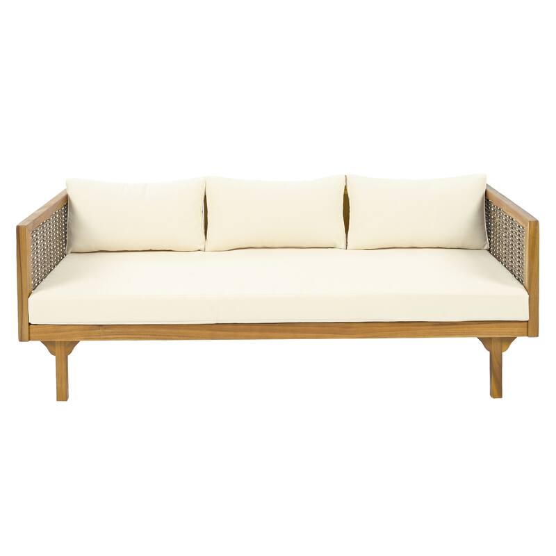 3-Seater Rattan Arm Daybed - Acacia Wood Frame with Water-Resistant Cushions