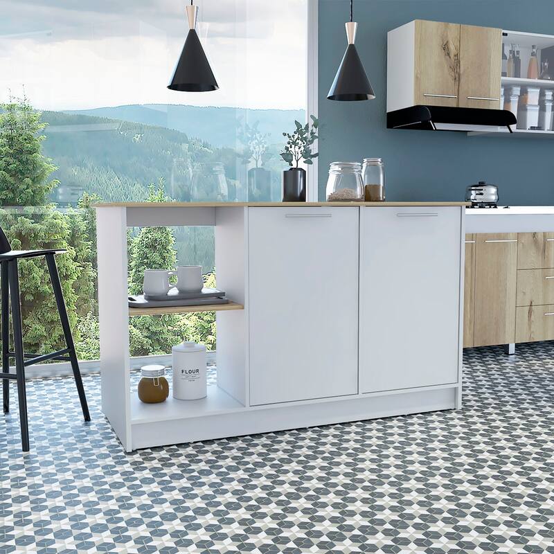 Spacious Kitchen Island with Large Countertop, Open Storage Shelves, and Double-Door Cabinet for Organized Cooking - White / Light Oak
