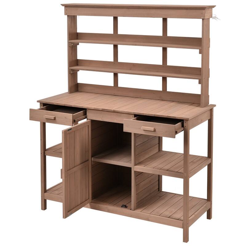 Outdoor Garden Potting Bench Table Workstation Planting Bench with 2 Drawers, Cabinet and Open Shelves for Backyard, Mudroom